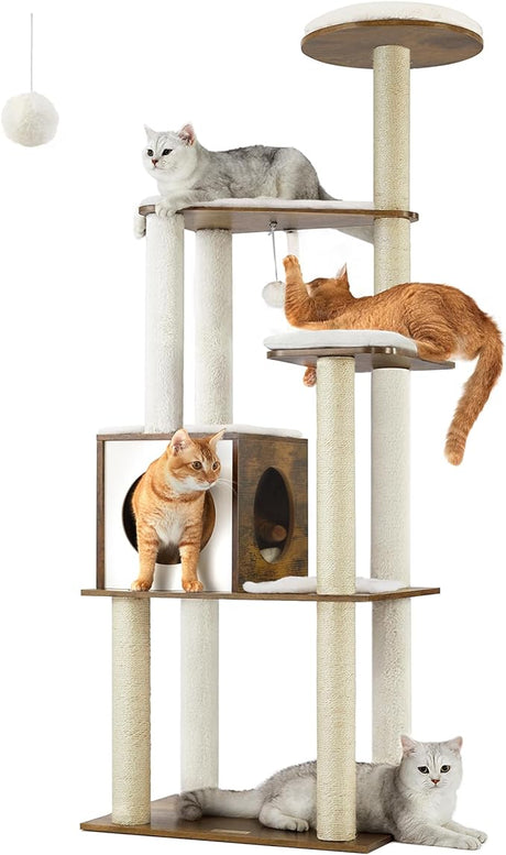 Feandrea WoodyWonders Cat Tree, 65-Inch Modern Cat Tower for Indoor Cats, Multi-Level Cat Condo with 5 Scratching Posts, Perch, Washable Removable Cushions