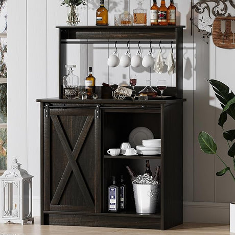 Farmhouse Coffee Bar Cabinet with Storage, Gray Coffee Bar with 6 Hooks