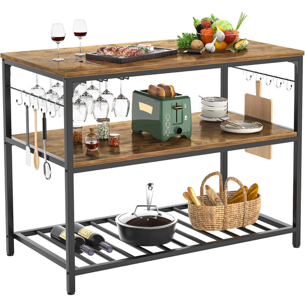 Kitchen Island with Wine Glass Holder, Industrial Wood and Metal Coffee Bar