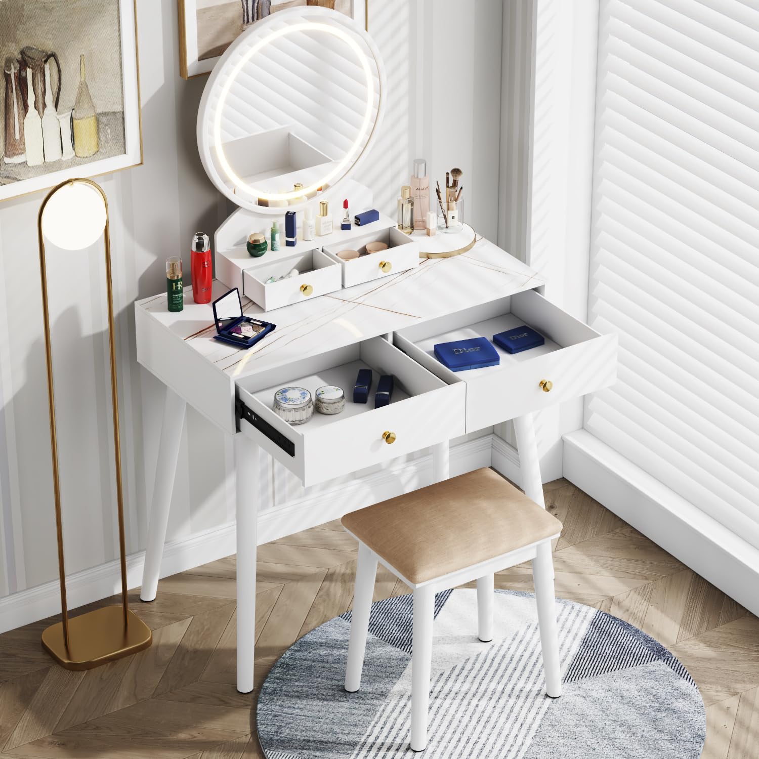 Vanity Desk with Round Mirror and Lights, Vanity Table Makeup Desk 4 Storage Drawers 3 Adjustable Colors LED Lights Matched Soft Cushioned Stool for Girls Bedroom (White) …