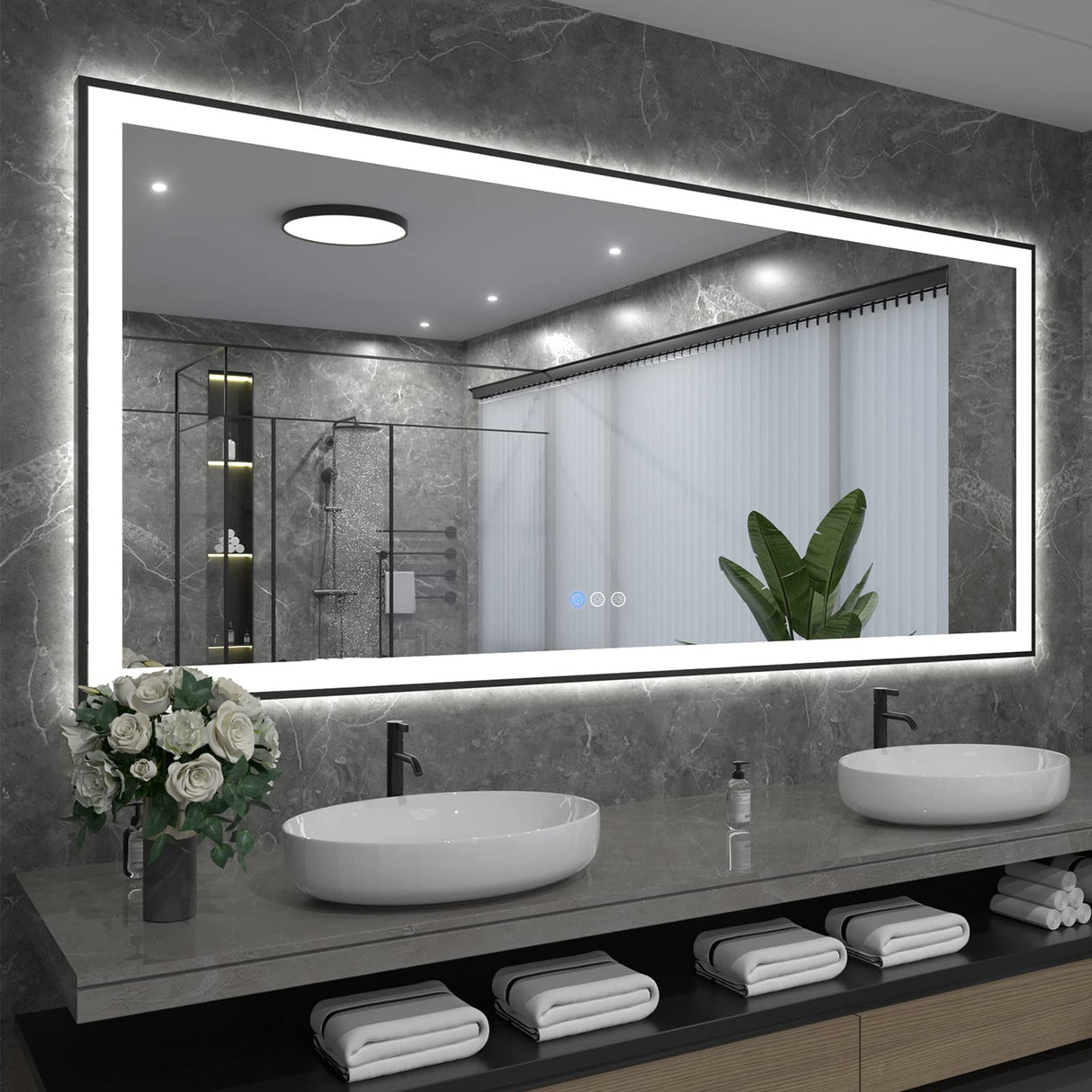 77x36 LED Lighted Bathroom Mirror for Wall, Matte Black Framed Vanity