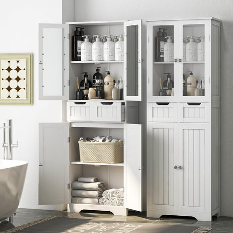 Betterhood 67" Tall Bathroom Storage Cabinet, Freestanding Linen Cabinet with Glass Doors and Shelves, Large Bathroom Pantry Cabinet with 2 Drawers for Living Room, Kitchen, Dining Room, Office, White