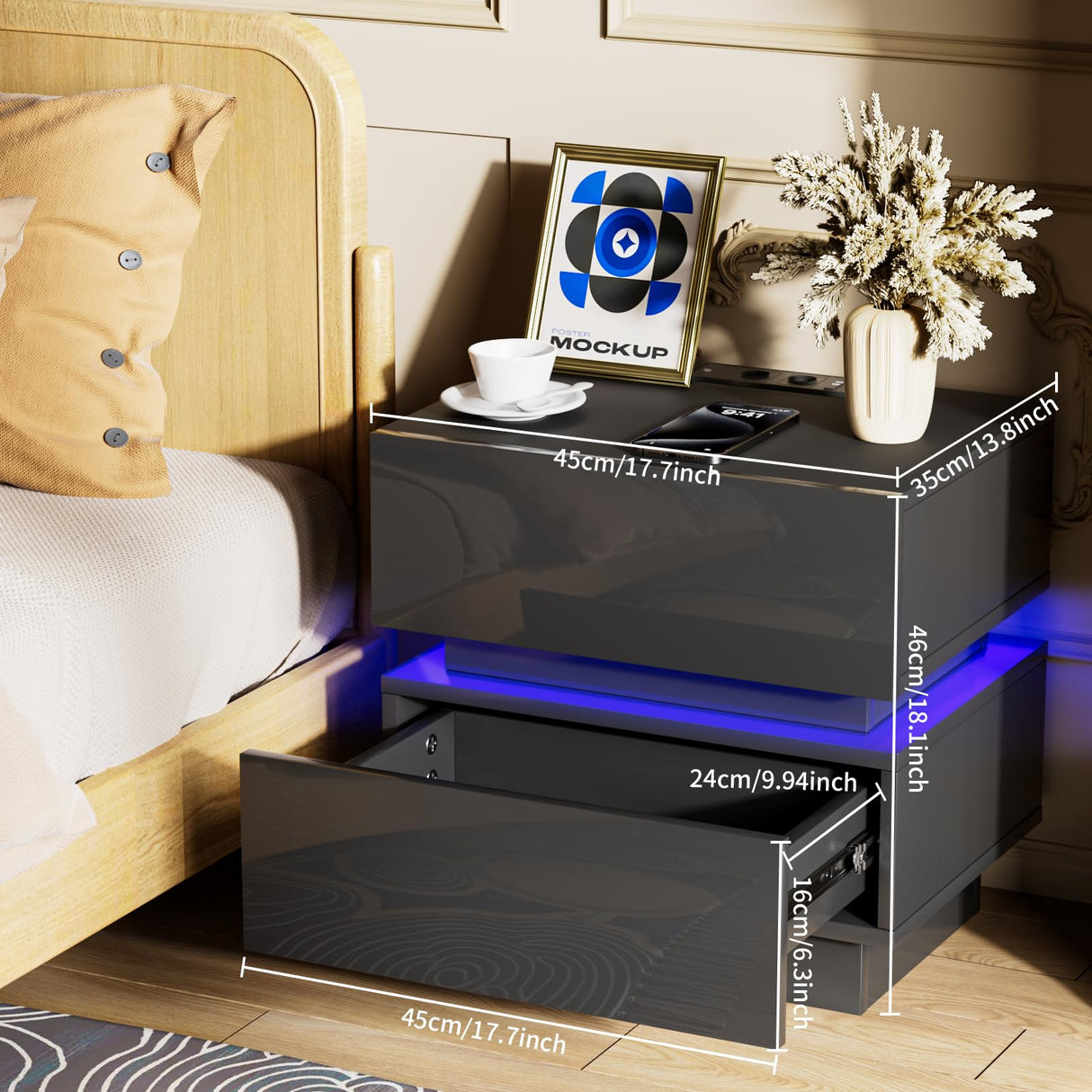 Charging Station,LED Night Stand with Lights,USB Ports and Outlets, Modern LED Bedside