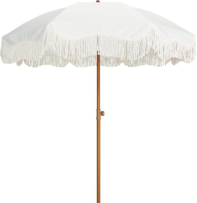 Boho Fringe Umbrella Outdoor Patio, 6.5ft UPF50+ Picnic Umbrella with Tassels