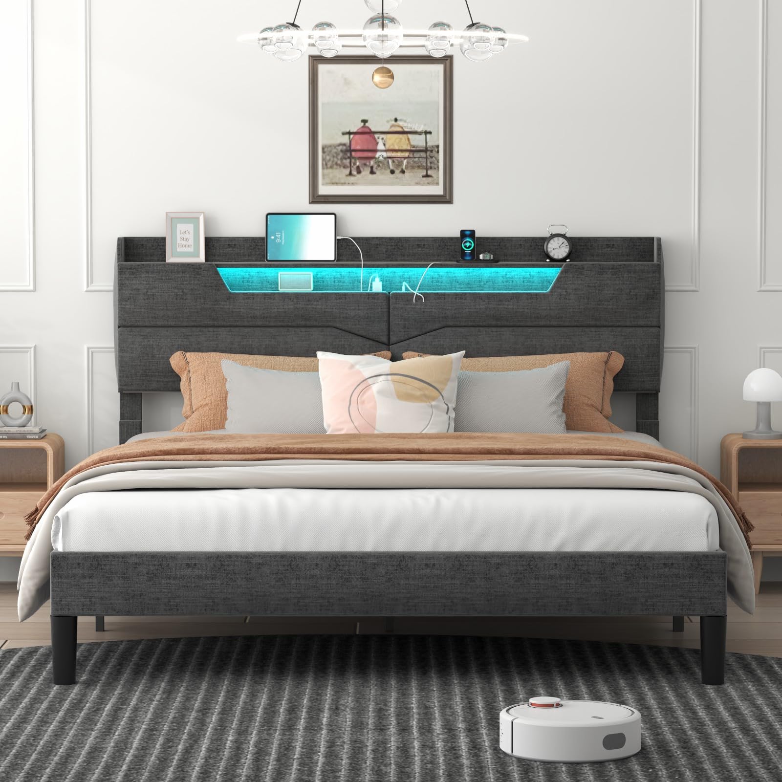 Gyfimoie Upholstered Queen Bed Frame with Adjustable Storage Headboard,