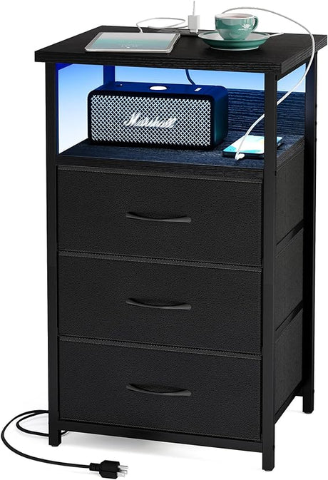 Night Stand with Charging Station, LED Nightstand with USB Ports and Outlets