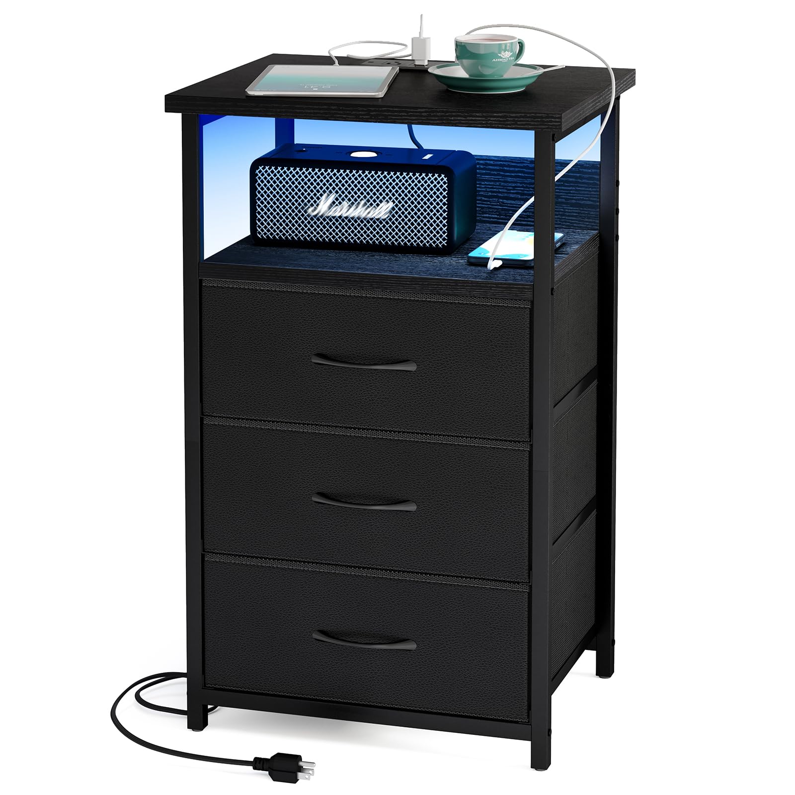 Night Stand with Charging Station, LED Nightstand with USB Ports and Outlets