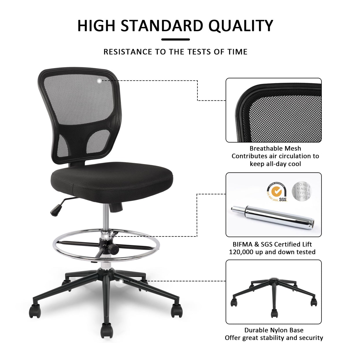 Ergonomic Drafting Chair with Footrest - Adjustable Height Tall Office Stool