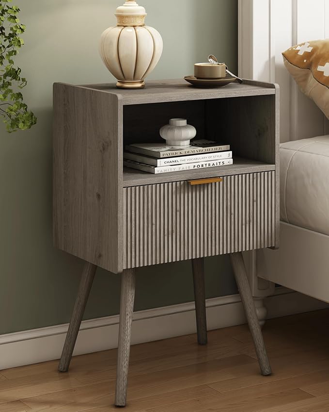 Nightstand,Modern Bedside Table with Storage Drawer and Open Wood Shelf