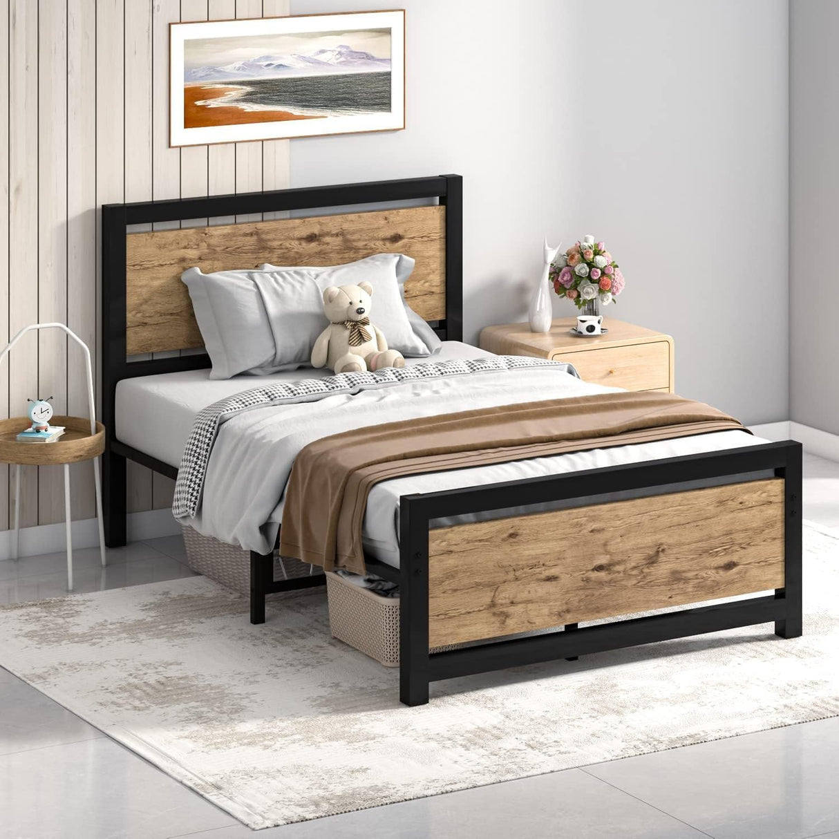 Catrimown Twin Bed Frames with Headboard, Metal Twin Bed Frame with Strong Steel Slat Support, Heavy Duty Platform Bed, Under Bed Storage, Mattress Foundation, No Box Spring Needed.Black