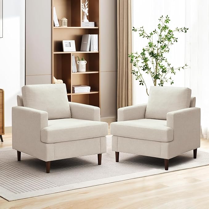 Mid-Century Accent Chair,Modern Linen Fabric Armchair for Living Room