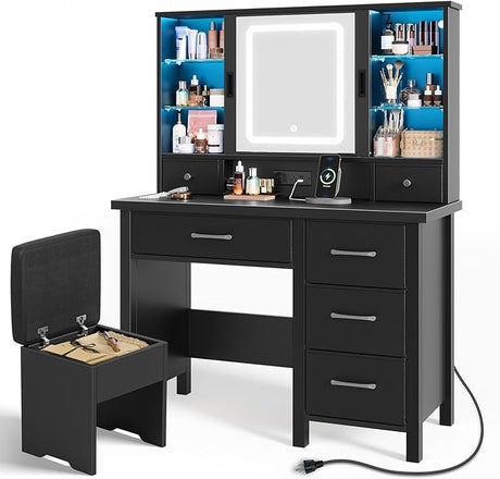 Vanity Desk with Lighted Sliding Mirror & Power Outlet, Vanity Table Set with Chair