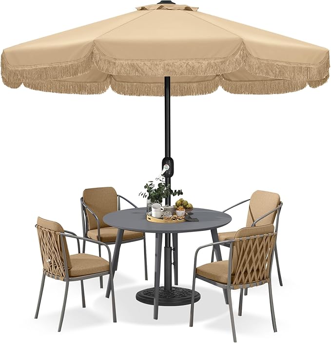 9ft Patio Umbrella with Fringe Outdoor Tassel Umbrella for Holiday Garden Lawn Pool Yard
