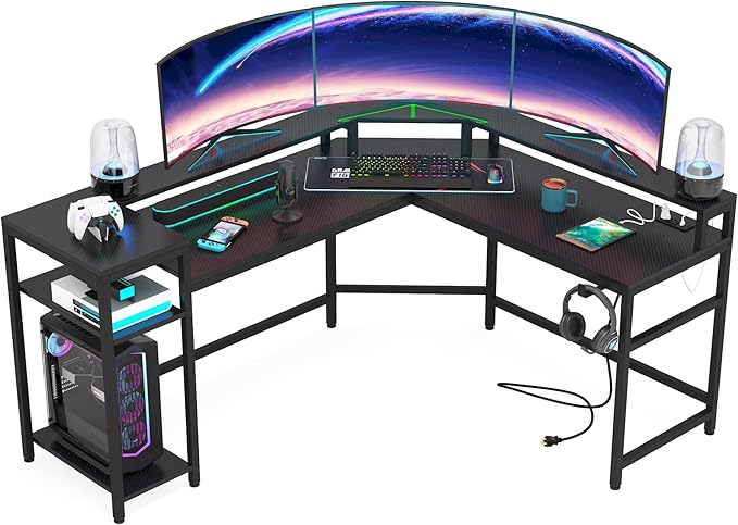 L-Shaped Gaming Desk with Power Outlets & LED Strips, L-Shaped Computer Desk