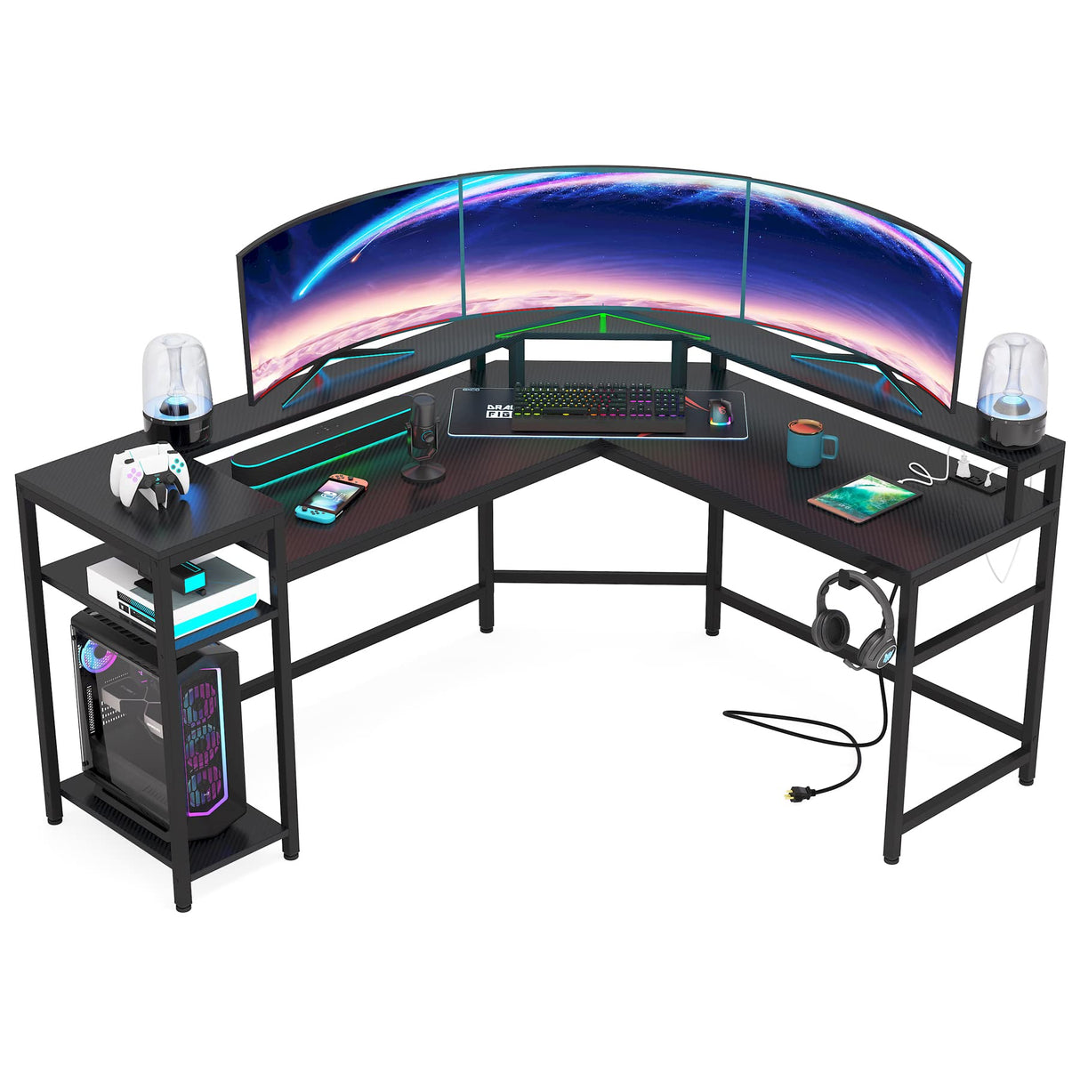 L-Shaped Gaming Desk with Power Outlets & LED Strips, L-Shaped Computer Desk