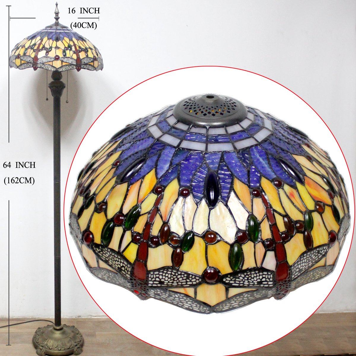 Tiffany Floor Lamp Blue Yellow Dragonfly Stained Glass 64 Inch