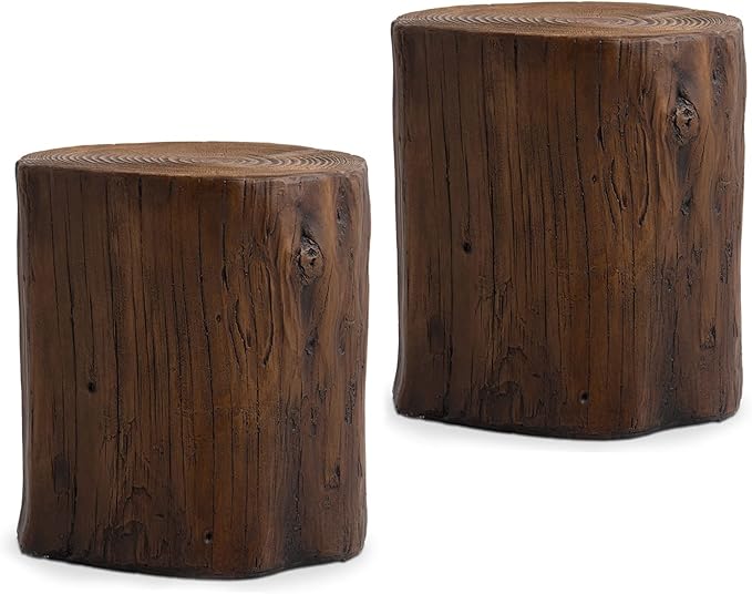 2 Pieces Outdoor Antique Beige Side Table Faux Wood, Hand-Painted Wood Stump Stool