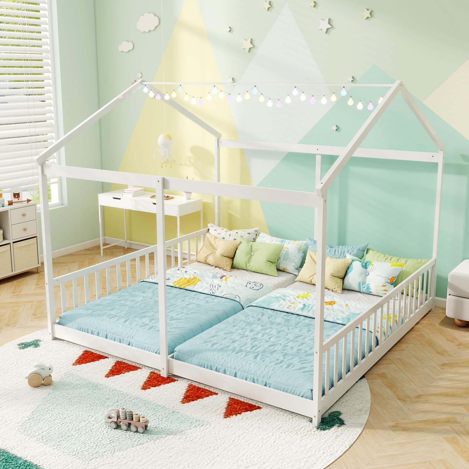 Twin Floor House Bed, House Platform Beds for 2 Kids, Double Montessori Floor Bed