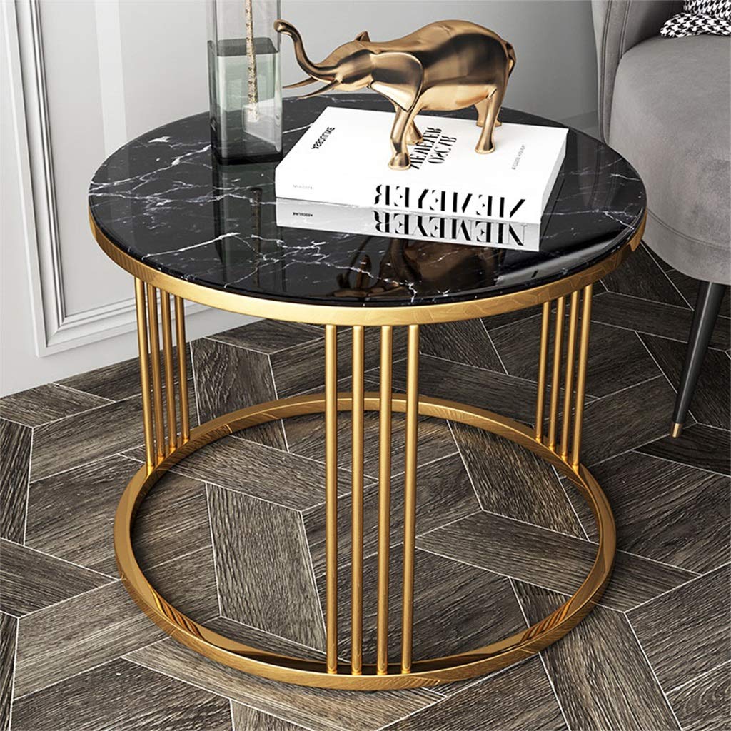 Round End Table Side Table, Marble Pattern Tempered Glass, Coffee Table with Stainless