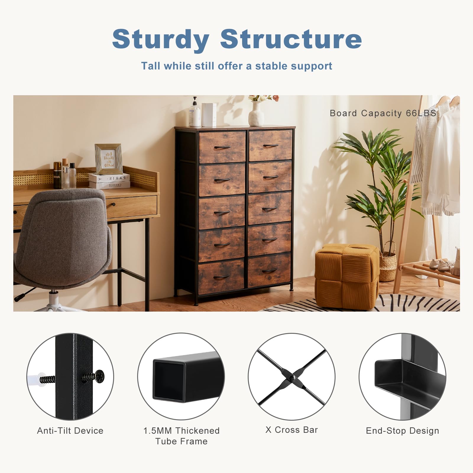 Dresser for Bedroom Storage Tower, Chest Fabric Bins Sturdy Metal Frame Wood Tabletop