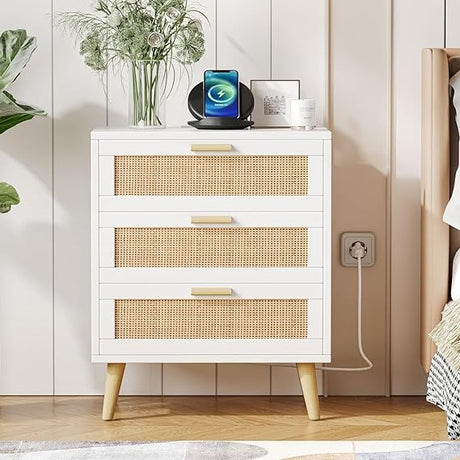 Rattan Nightstand with Charging Station, Night Stand with Rattan Decorated Drawers