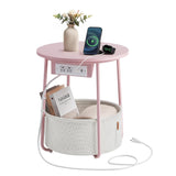 Charging Station, Round End Table With Fabric Basket, Nightstand with Power Outlets USB Ports, for Living Room, Bedroom, Modern, Jelly Pink and Cream White ULET228R01