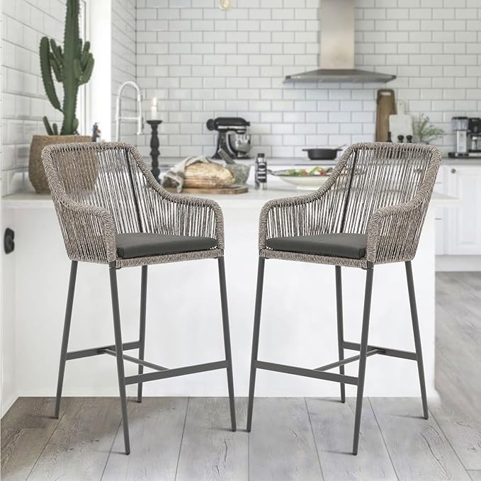 Wicker Bar Stools Set of 2, Patio Outdoor Rattan Bar Height Chairs with Cushions