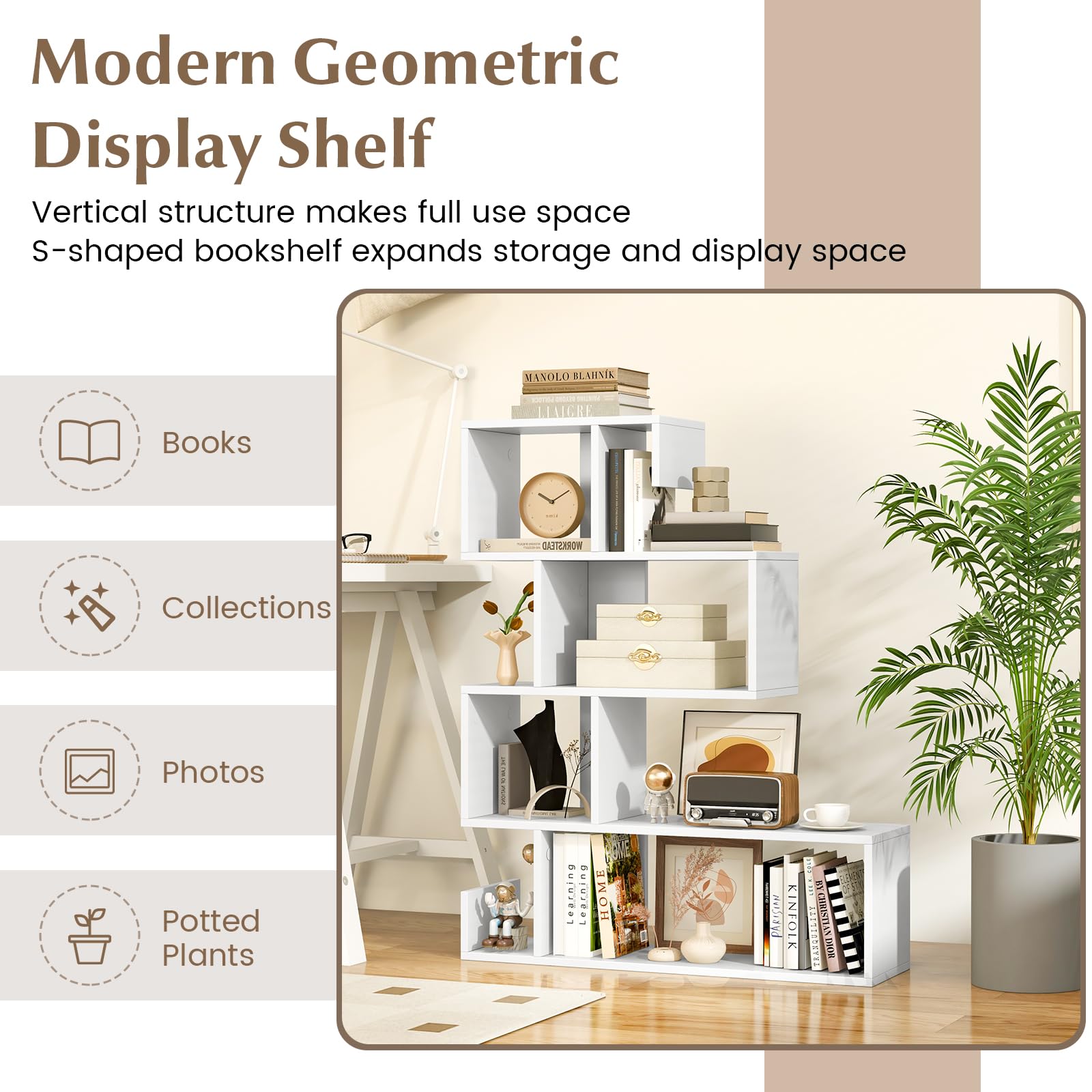 5-Tier S-Shaped Bookshelf, Geometric Bookcase w/Open Cubes, Modern Decorative Display Shelf w/Anti-Toppling Kits, Freestanding Storage Rack for Living Room, Study, Home, Office, White