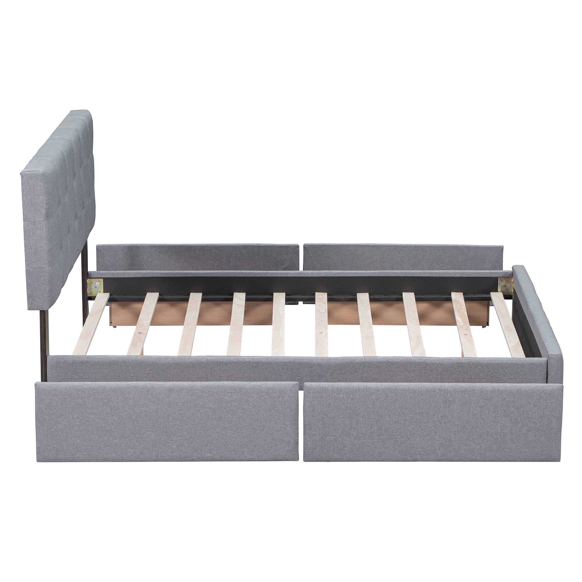 Queen Upholstered Platform Bed Frame with Classic Headboard and 4 Drawers, No Box