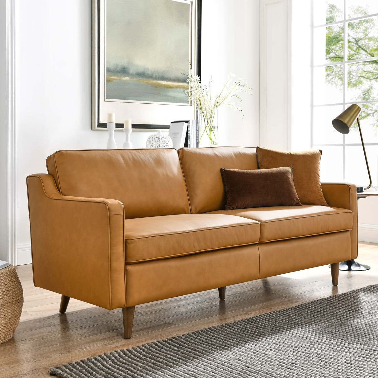 Impart Upholstered Genuine Leather Sofa in Tan