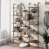 Triple Wide Bookshelf Wall Mounted 5-Tiers Ladder Book Shelf Industrial Wooden