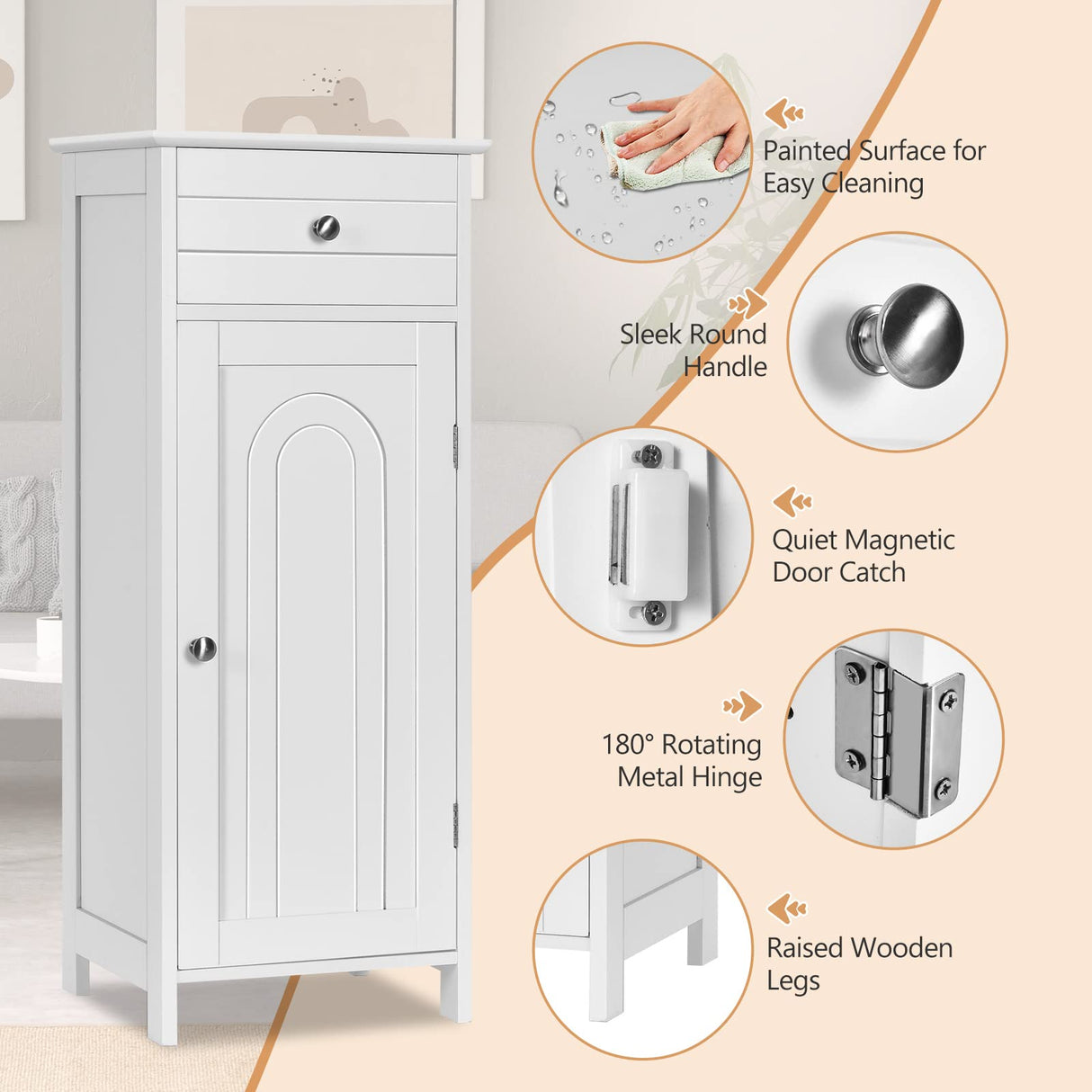 Floor Storage Cabinet, Bathroom Freestanding Side Storage Organizer, Single Door Floor Storage Cabinet w/Drawer & Adjustable Shelves,