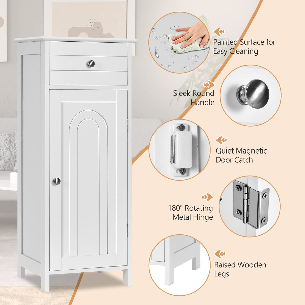 Bathroom Storage Cabinet, Single Door Floor Cabinet with Drawer and 3-Level Adjustable Shelves,