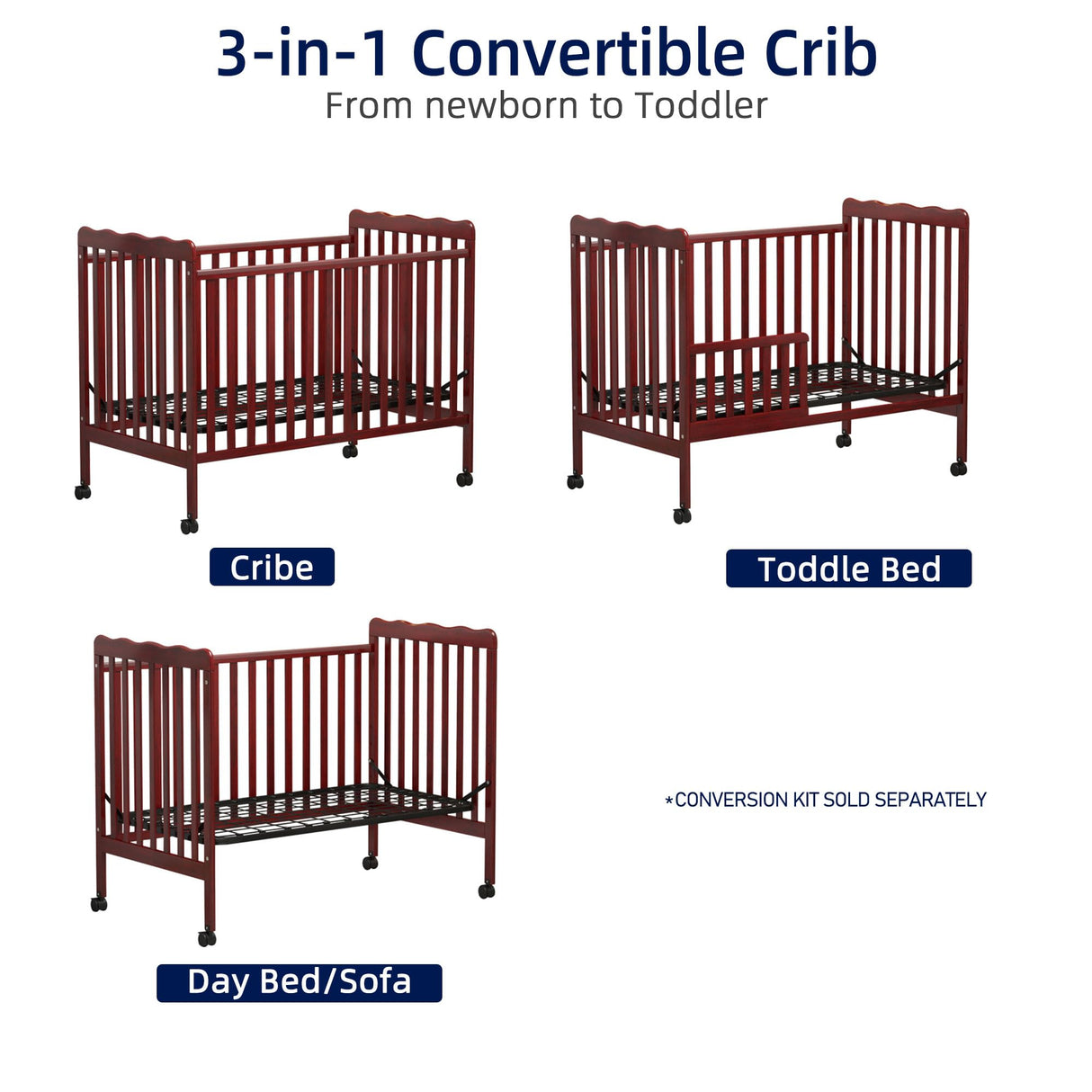 Crib, 3-in-1 Convertible Crib Wood Full Size Toddler Bed with Locking Wheels for Nursery