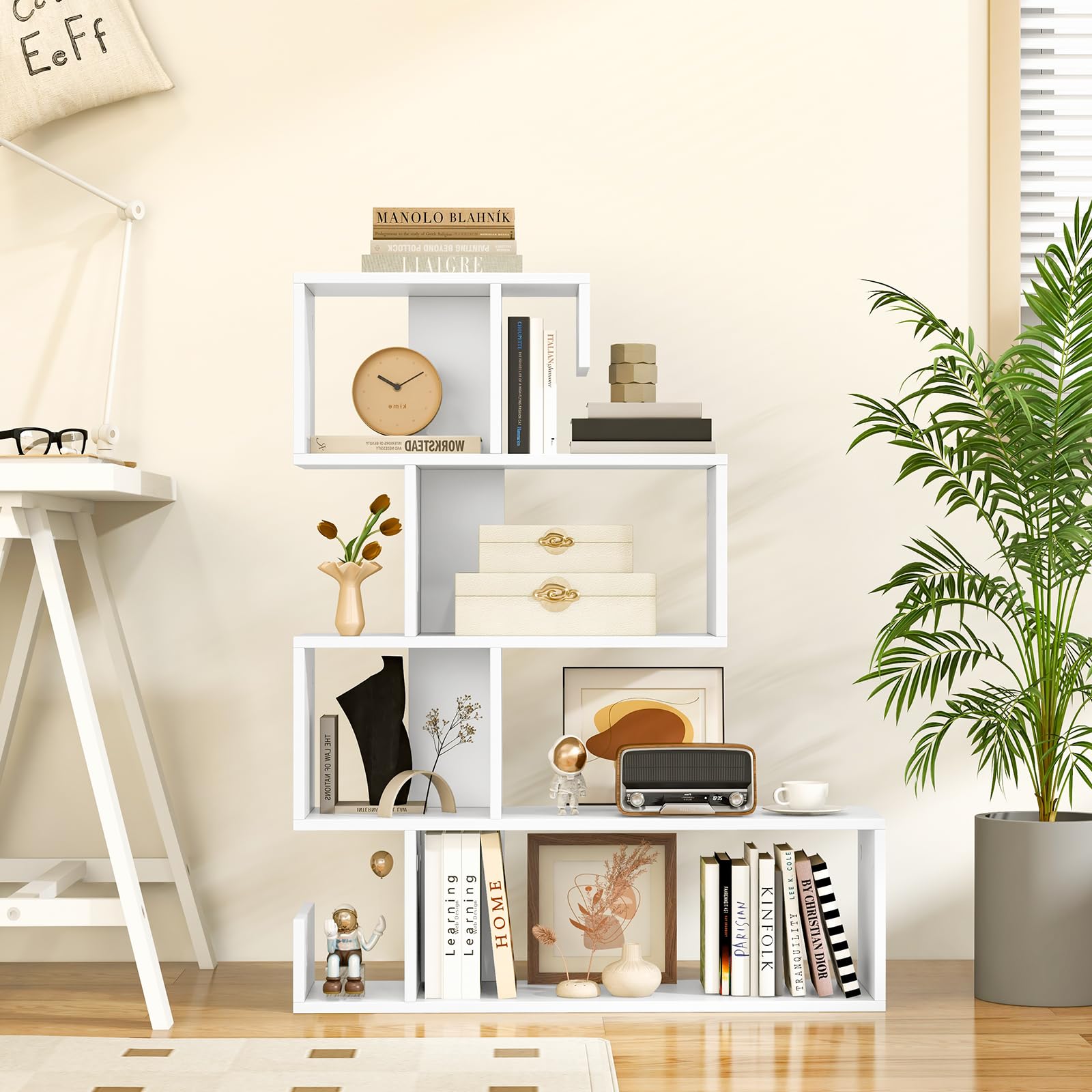 5-Tier S-Shaped Bookshelf, Geometric Bookcase w/Open Cubes, Modern Decorative Display Shelf w/Anti-Toppling Kits, Freestanding Storage Rack for Living Room, Study, Home, Office, White