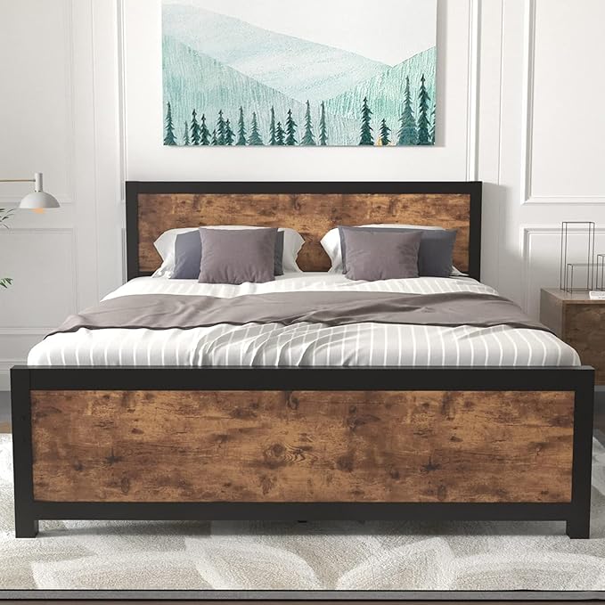 Queen Platform Bed Frame with Wooden Headboard and Footboard, Metal Bed Frame