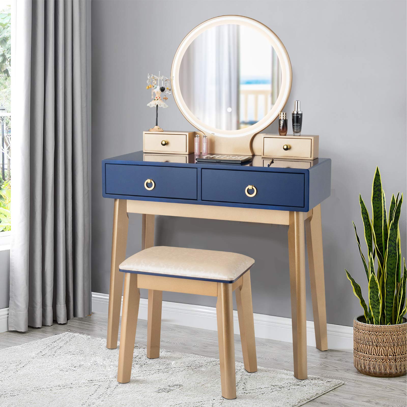 Vanity Table Set with LED Lighted Mirror, Makeup Dressing Table Set with 3 Color Lighting