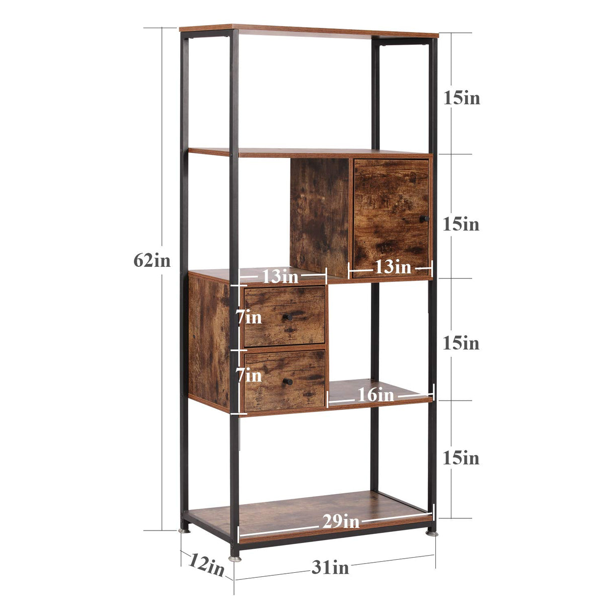 Bookshelf/Bookcase,Open Book Shelf with Middle Drawers Storage Organizer for Living