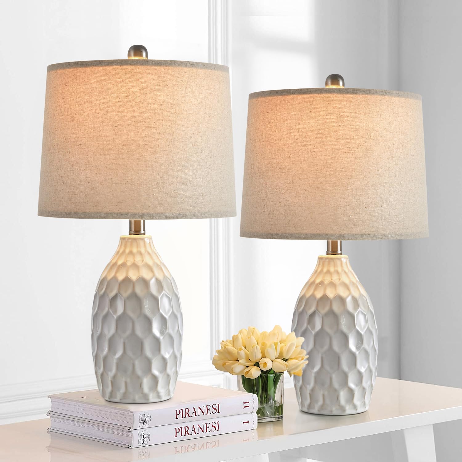 21.5" Modern Ceramic Table Lamp Set of 2 Industrial Boho Metal Bedside Lamp