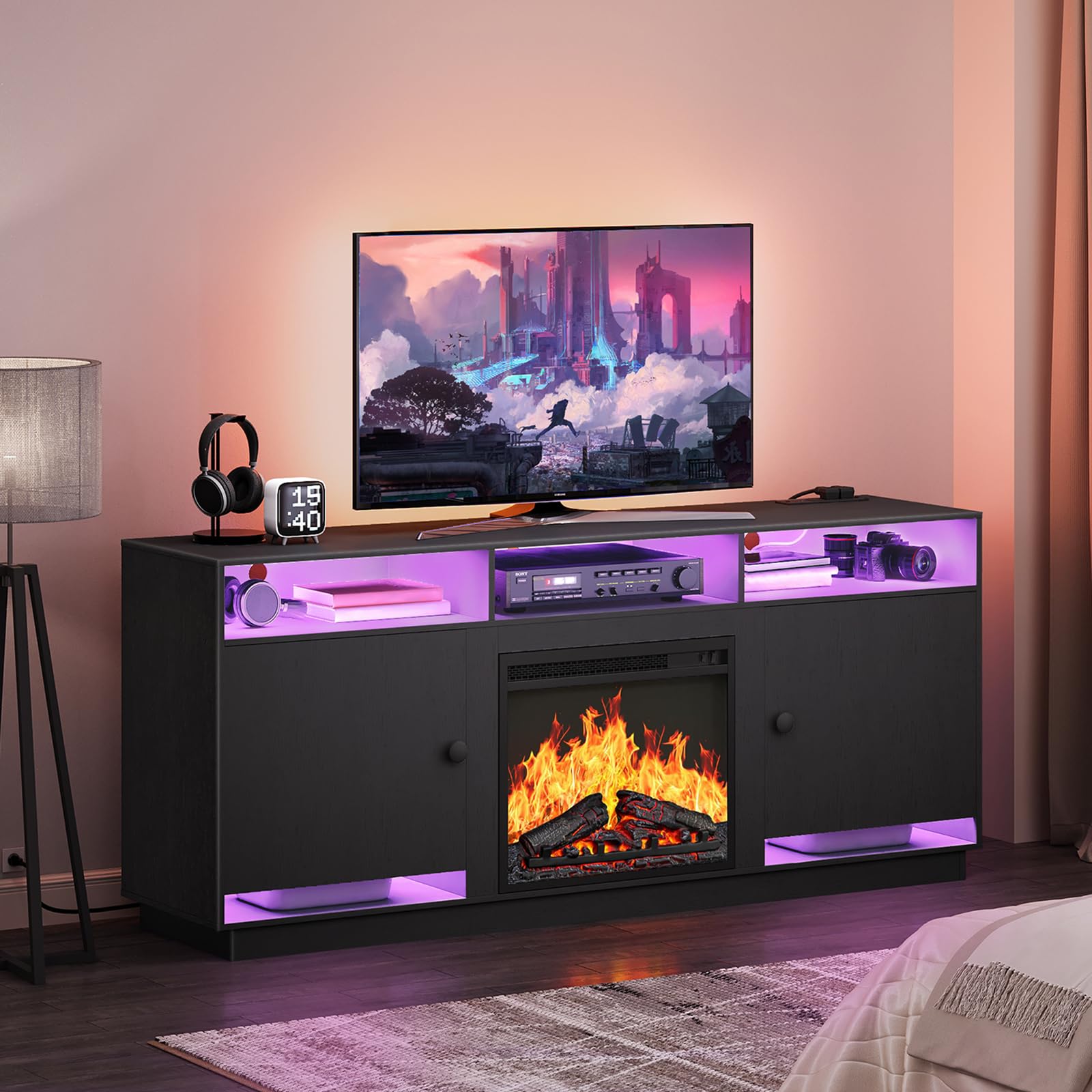 Electric Fireplace TV Stand with Charging Station and LED Lights