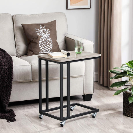 End Table, C Shaped TV Tray with Metal Frame Rolling Casters, Industrial Side Table for Living