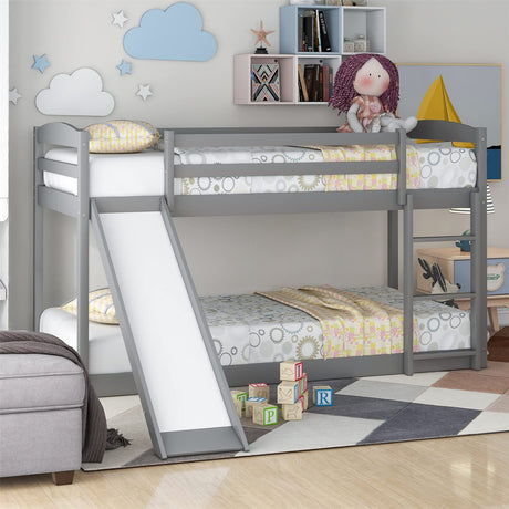 Twin Over Twin Floor Bunk Bed with Convertible Slide and Ladder, Wood Low Bunk Bed Frame for Boys Girls