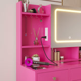 Vanity with Lighted Mirror Bedroom Vanity Desk with Charging Station Large Vanity Set with Transparent Desk, Drawers, Cabinet, Shelves for Storage in Bedroom, Pink