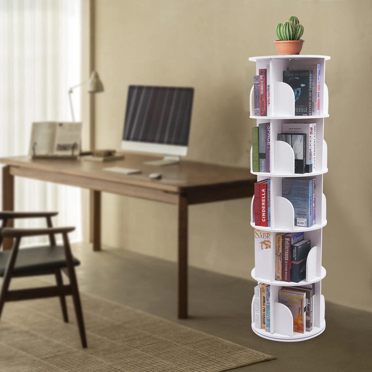 Bookshelf,Counter Bookcase,Desktop Shelves,5 Tier 360° Rotating Stackable Bookshelf Organizer,Floor-Standing Storage Display Rack,Display Cabinet for Office Home Living Room Study