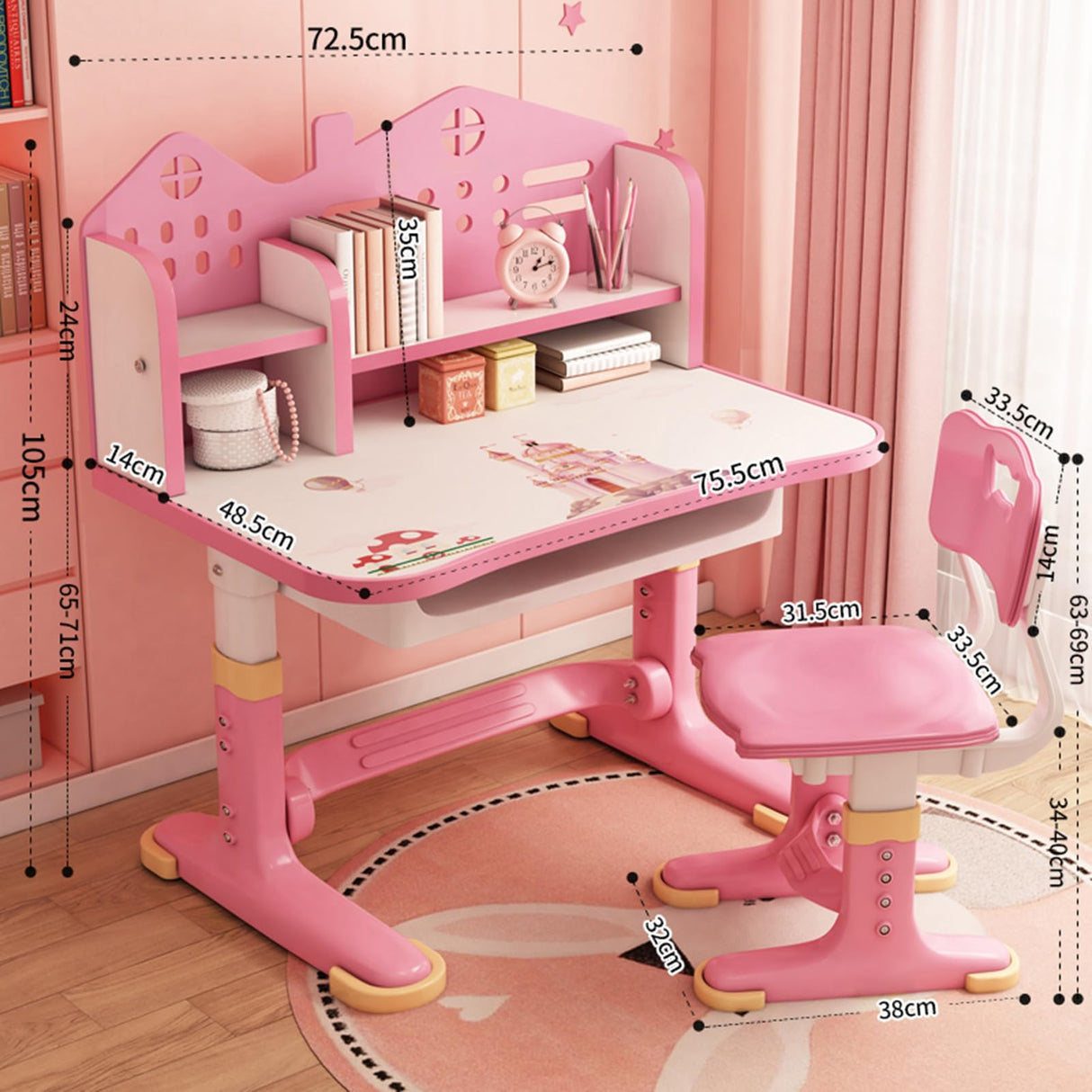 Height Adjustable Vanity Table and Chair Set,Ergonomic Design Study Desk for Children
