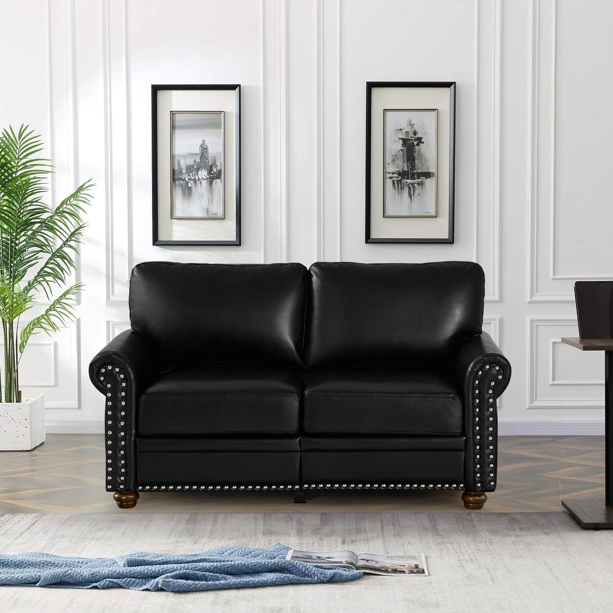 2 Piece Faux Leather Sofa Set,Modern Couch and Loveseat Sets with Storage,Mid Century Couch with Rivet Rolled Arm,Comfy Deep Seat Couch,Furniture for Living Room,Office(Loveseat+3 Seater,Black)