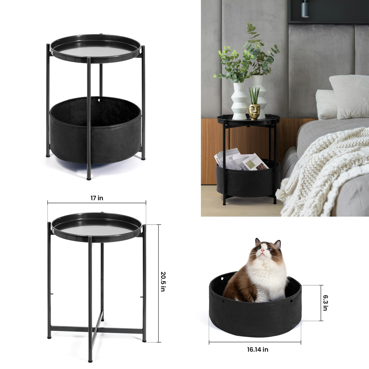 Luwesde Small Side Table, Black Round End Table with Storage Basket, Metal Night Stand with Removable Tray, Small Bedside Table for Living Room, Bedroom, Nursery (Black)