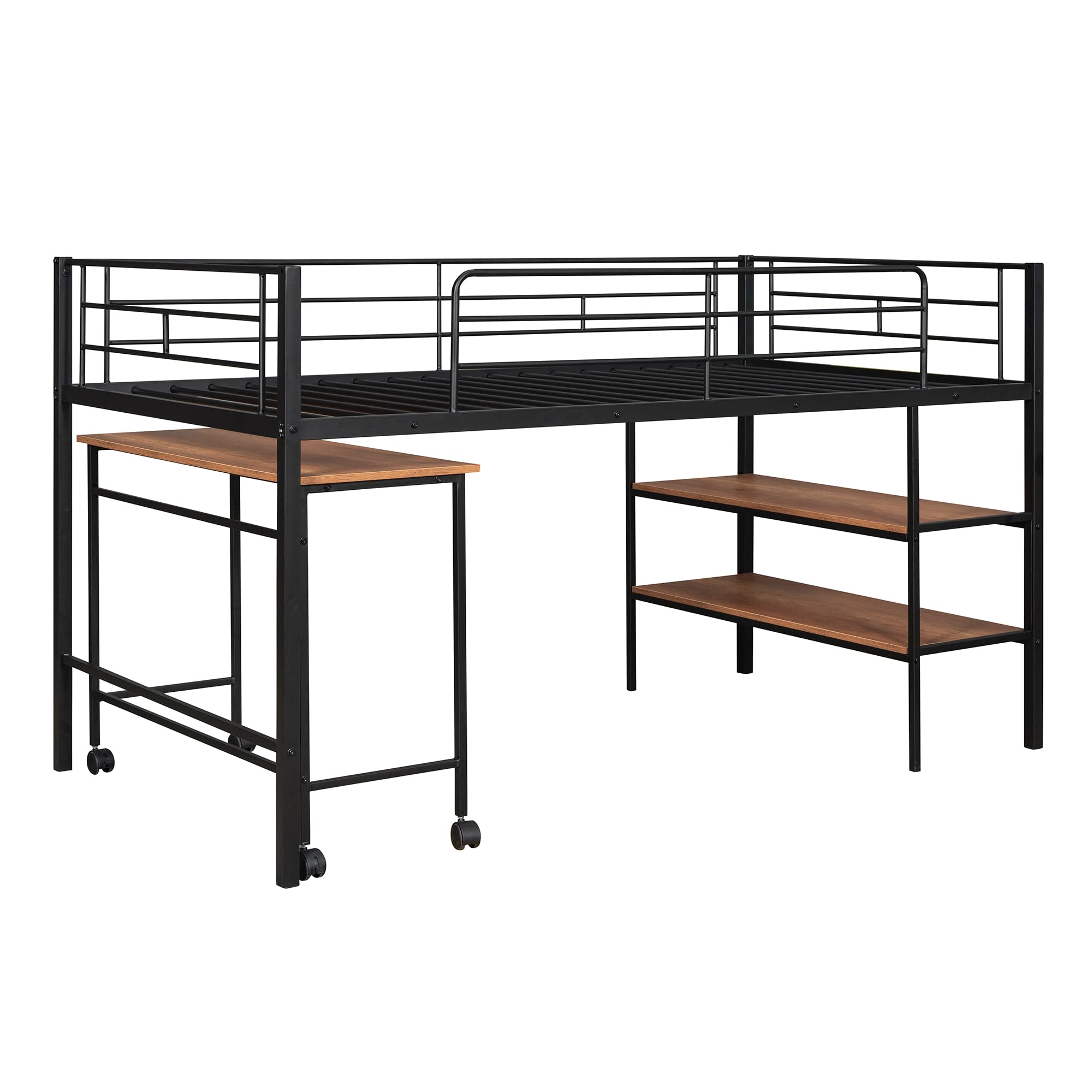 Twin Size Loft Bed with Desk and Storage Shelves,Metal Twin Size Bed with Rolling Portable Desk, Low Loft Bed with Full-Length Guardrail for Kids Boys Girls Teens(Black)