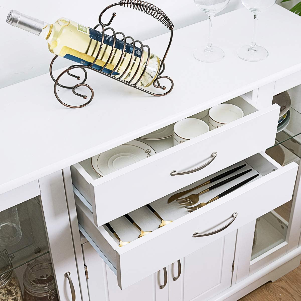 Sideboard Buffet Server Storage Cabinet W/ 2 Drawers, 3 Cabinets and Glass Doors