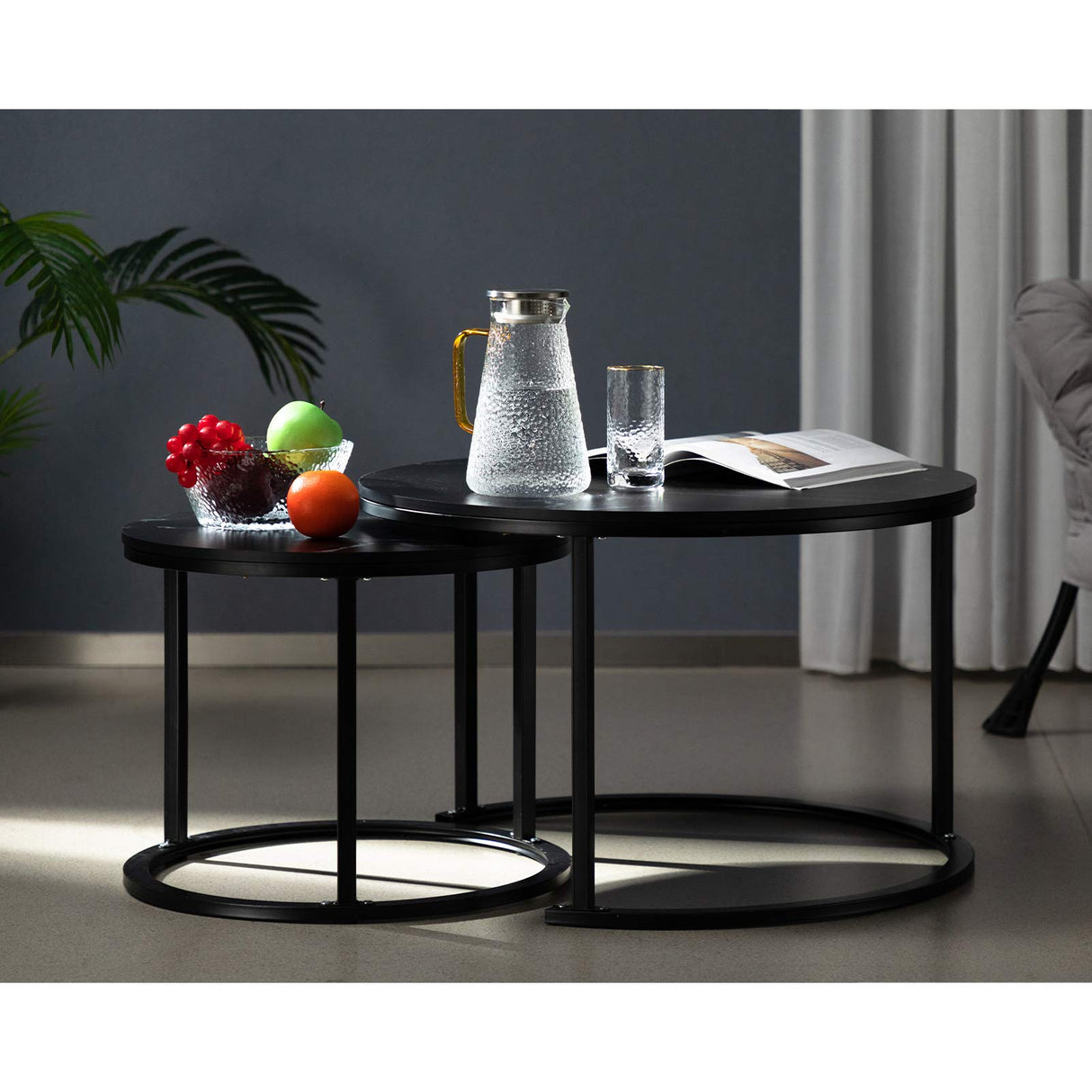 Modern Round Nesting Side Table Set of 2, Wood Coffee and Snack End Table